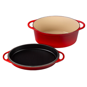 7.75 Qt Cast Iron Oval Dutch Oven w/ Grill Pan Lid Cerise