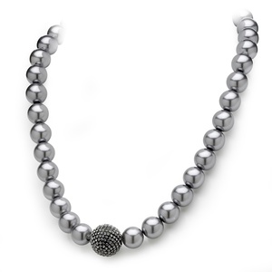 PalmBeach Jewelry Simulated Grey Pearl and Multi-Crystal Accent Black Rhodium-Plated Necklace Adjustable 18" to 21"