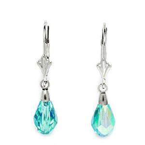 14k White Gold Aquamarine-color Blue  9x6mm Swarovski Element Pear Drop Leverback Earrings - Measures 29x6mm