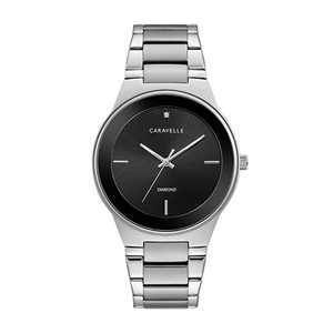 Mens Silver-Tone Bracelet Diamond Watch Black Dial