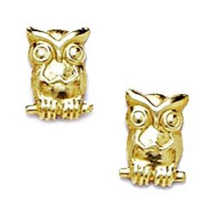 14k Yellow Gold Girls Owl Stamping Earrings - Measures 10x7mm