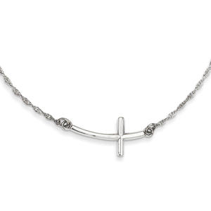 Sterling Silver Large Sideways Curved Cross Necklace - 18 Inch