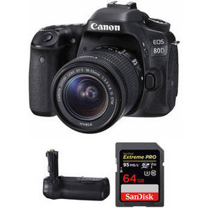 EOS 80D DSLR Camera with 18-55mm Lens and Free Battery Grip and Memory Card Kit