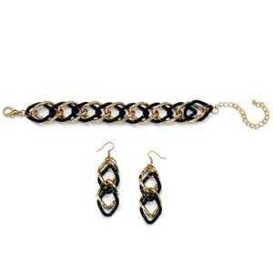 PalmBeach Jewelry Gold Tone Black Ruthenium-Finish 2-Piece Curb-Link Bracelet 8&quot; and Drop Earrings Set