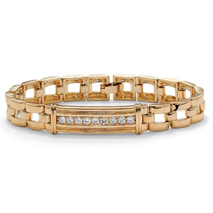 PalmBeach Jewelry Men's .90 TCW Round Cubic Zirconia 14k Gold-Plated I.D.-Style Bar-Link Bracelet 8&quot;