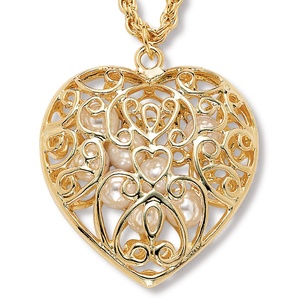 PalmBeach Jewelry Simulated Pearl Filigree Heart Pendant Necklace in Yellow Gold Tone 30"