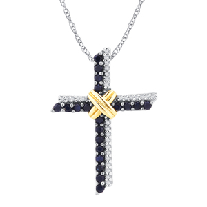 Created Blue Sapphire Cross Pendant in 14K White Gold