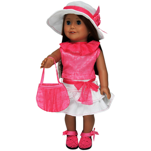 The Queen's Treasures 18" Doll Clothes Outfit. Hot Pink Shirt, White Hat with Pink Sash, White Skirt, Pink Handbag & Pink Espadrilles