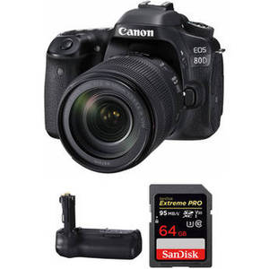 EOS 80D DSLR Camera with 18-135mm Lens and Free Battery Grip and Memory Card Kit