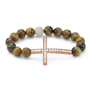 PalmBeach Jewelry Round Genuine Tiger's Eye Crystal Accent Rose Gold-Plated Horizontal Cross Stretch Bracelet 8&quot;