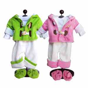 The Queen's Treasures Set of Two Complete Bitty 15 Inch Baby Doll Twin Overall Outfits Pink & Green, Overalls, Shirt, Bootie Shoes. Two Outfits