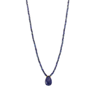 Genuine Lapis Lazuli Faceted Rondelles & Pear Shaped Pendant Gold Over Sterling Silver, 18&quot; Necklace