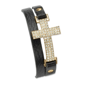 PalmBeach Jewelry Crystal Accent Yellow Gold Tone Double-Wrap Leather Cross Bracelet Adjustable 6&quot; to 8&quot;