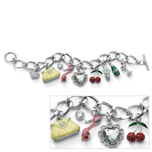 PalmBeach Jewelry Round Crystal Silvertone Enamel Accent Uptown Girl Charm Bracelet 8&quot;