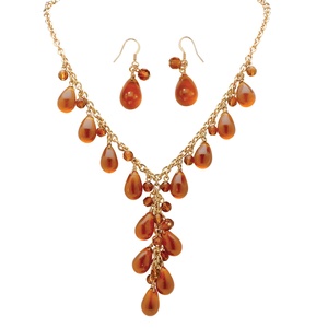 PalmBeach Jewelry 2 Piece Pear-Shaped Amber Beaded &quot;Y&quot; Necklace and Drop Earrings Set in Yellow Gold Tone