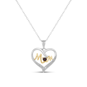Two Tone Heart Mom with Garnet and Diamond Accent Pendant in Sterling Silver with 18 inch Cable Chain
