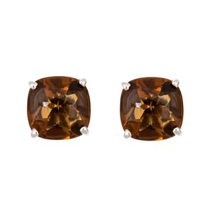 Ladies Sterling Silver 10mm Cushion Cut Genuine Whiskey Quartz Gemstone Stud Earrings