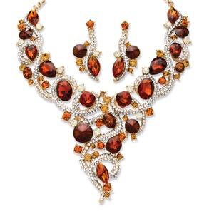PalmBeach Jewelry 2 Piece Amber Crystal Necklace and Earrings Set in Yellow Gold Tone