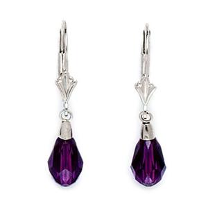 14k White Gold Amethyst-color Puple 9x6mm Swarovski Element Pear Drop Leverback Earrings - Measures 29x6mm