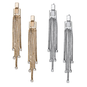 PalmBeach Jewelry Tassel Fringe and Crystal Accent 2-Pair Drop Earrings Set in Gold Tone and Silvertone 2.33&quot;