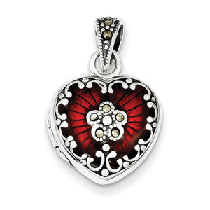Sterling Silver Red Enamel and Marcasite Heart Locket - 5/8&quot; X 3/4&quot;
