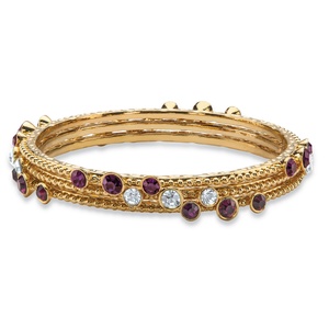 PalmBeach Jewelry Simulated Purple Amethyst and White Crystal Three-Piece Hammered-Style Gold Tone Bangle Bracelet Set