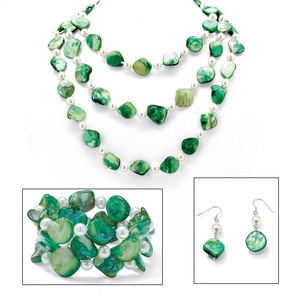 PalmBeach Jewelry Genuine Green Shell Simulated Pearl Silvertone 60&quot; Necklace  Bracelet and Earrings Set