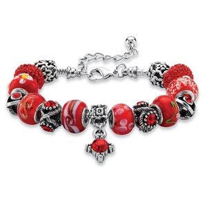PalmBeach Jewelry Round Red Crystal Silvertone Bali-Style Beaded Charm and Spacer Bracelet 8&quot;-10&quot;