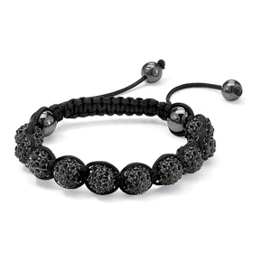 PalmBeach Jewelry Round Black Crystal Glass Ball Black Macrame Rope Tranquility Bracelet Adjustable 8&quot; to 10&quot;