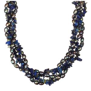 2 Strand Peacock Freshwater Pearl and Lapis Lazuli Chip Twister Necklace, 36&quot;