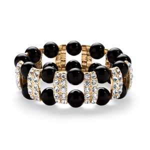 PalmBeach Jewelry Black Beaded Bracelet with Crystal Accents in Yellow Gold Tone