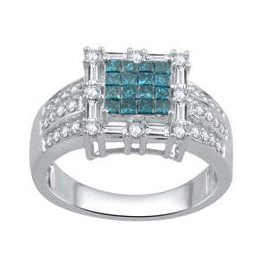 1.00 Cttw Blue and White Square Frame Diamond Ring in 14K White Gold - Size 7 Only