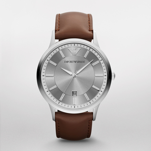 Mens Classic Brown Leather Strap Watch Silver Dial