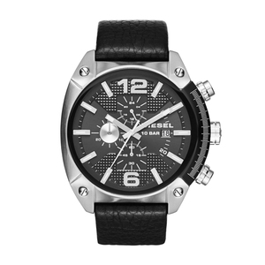 Mens Overflow Black Leather Strap Watch Black Dial
