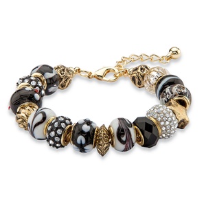 PalmBeach Jewelry Black and White Crystal Bali-Style Beaded Charm Bracelet in Antiqued Gold Tone 8&quot;-10&quot;