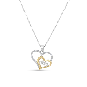 Diamond Accent Two Tone Double Heart Mom Pendant in Sterling Silver with 18 inch Cable Chain