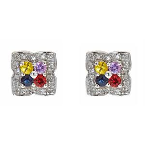 Ladies Sterling Silver Multi-Colored Sapphire and 1/10 cttw Diamond Earrings