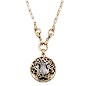 PalmBeach Jewelry Round White and Green Crystal Leopard Pendant Necklace in Gold Tone 26&quot;