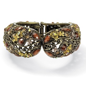 PalmBeach Jewelry Multi-Colored Crystal Hinged Cuff Bracelet in Antiqued Yellow Gold Tone