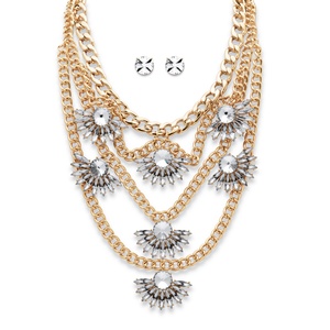 PalmBeach Jewelry Round and Marquise-Cut Crystal Multi-Chain Fan Motif Necklace and Earrings Set in Gold Tone