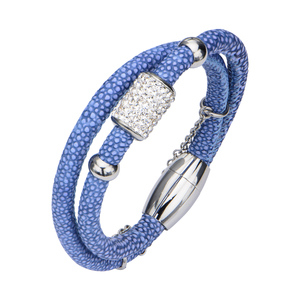 Inox Jewelry Women's Blue Leather with Stainless Steel Charm Bracelet