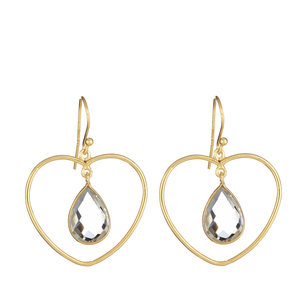 Ladies Sterling Silver 14K Yellow Gold Plated Heart Shaped Crystal Quartz Dangle Earrings