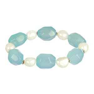 Lita Sea Blue Chalcedony Nuggets With White Pearl Stretch Bracelet